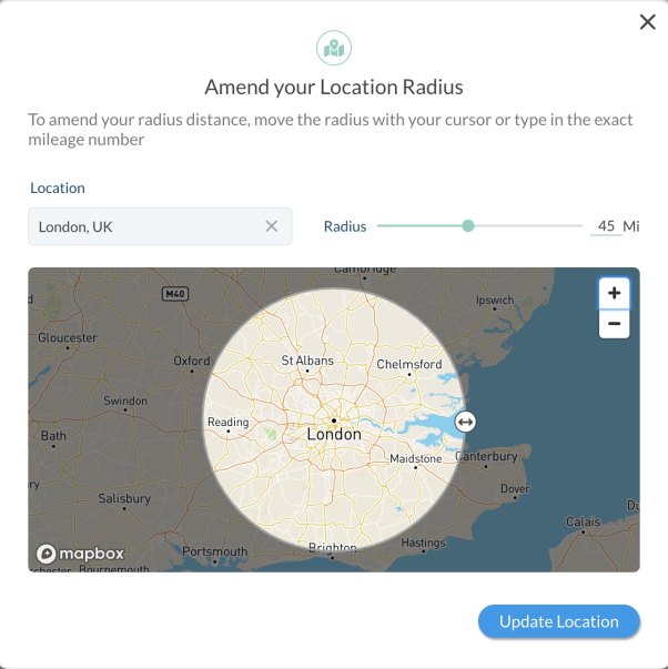 Recruiters can use the visual location radius map to ensure all relevant candidates are being considered.
